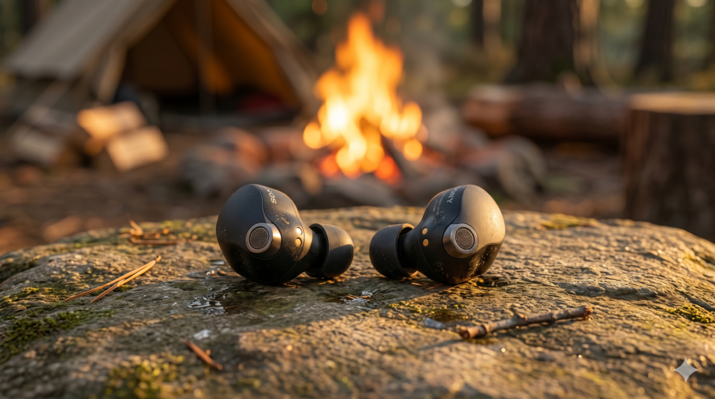 Best wireless earbuds for camping 2026 — Sony WF-1000XM5 on campsite rock with campfire in background