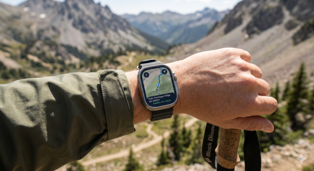 Best smartwatch for hiking and camping 2026 — Apple Watch Ultra 3 on wrist on mountain trail showing GPS navigation