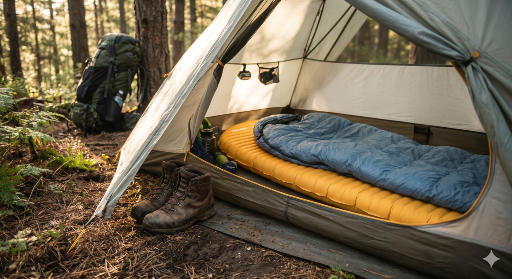 Best sleeping pad for camping 2026 — Therm-a-Rest NeoAir XLite inflated inside backpacking tent in forest campsite