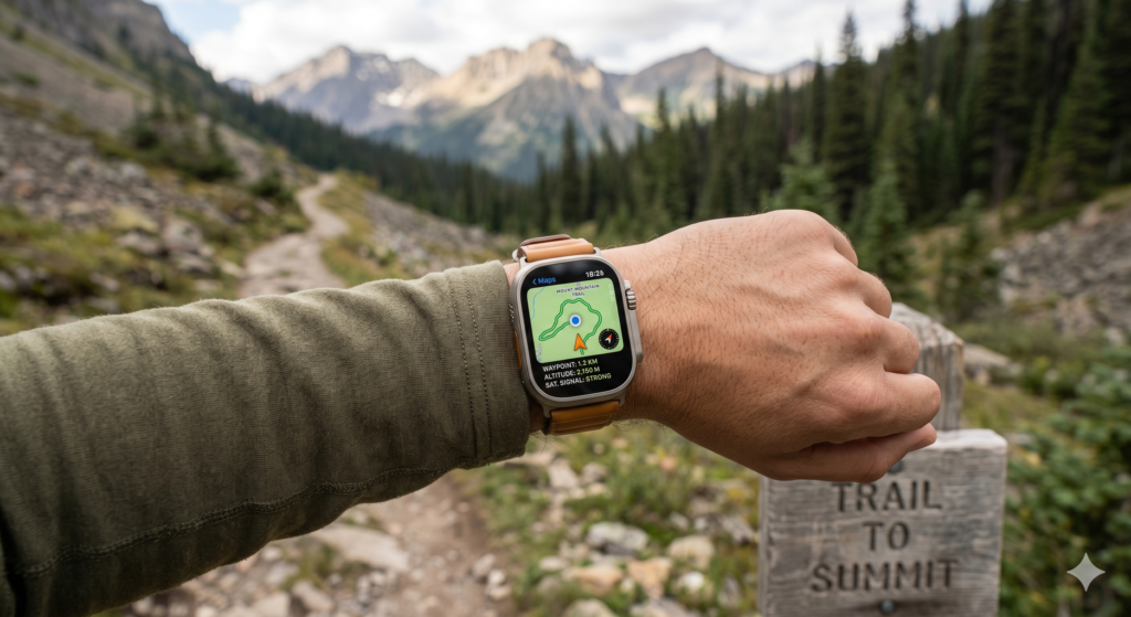 Apple Watch Ultra 3 on a wrist against a blurred mountain trail background, minimal clutter Subject: Ultra 3 displaying GPS navigation, outdoor natural light, rugged terrain visible behind Style: Realistic, editorial, natural daylight — not studio lit Best smartwatch for travel 2026 — Apple Watch Ultra 3 displaying GPS navigation on mountain trail