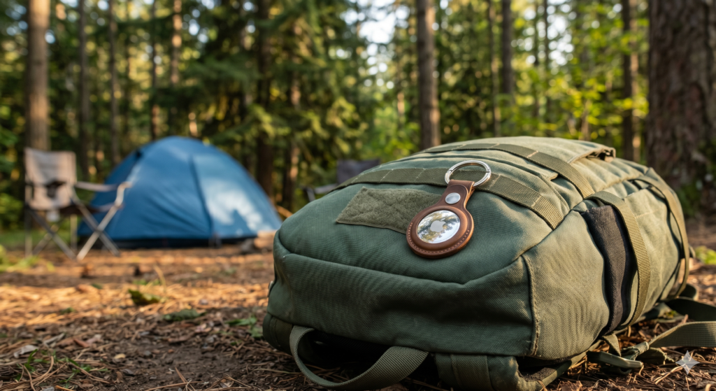 Best gear tracker for camping 2026 — Apple AirTag on camping pack keychain at campsite with tent in background