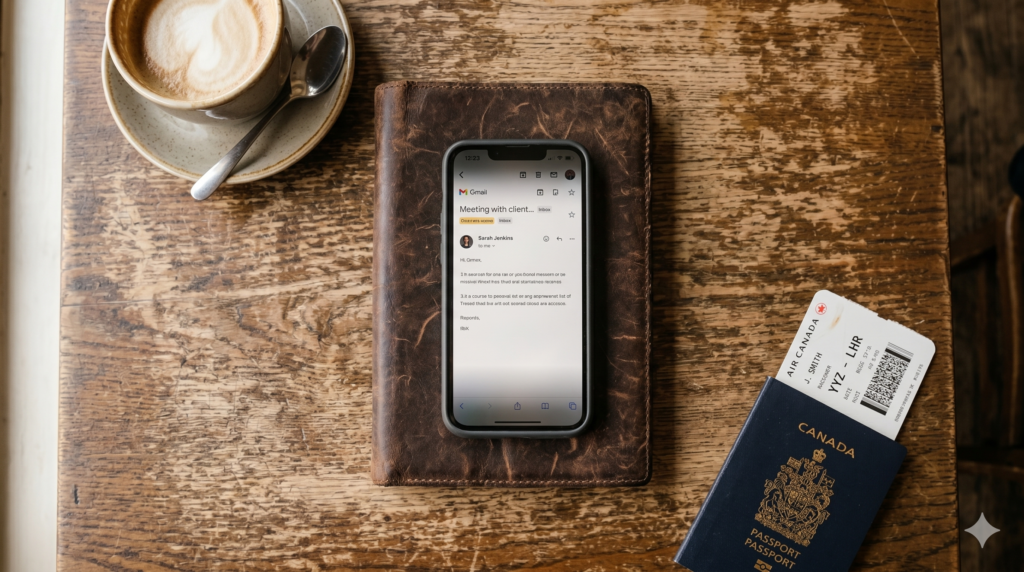 Samsung Galaxy S26 Ultra review for digital nomad travel 2026 — Privacy Display mode active on café table with passport and boarding pass
