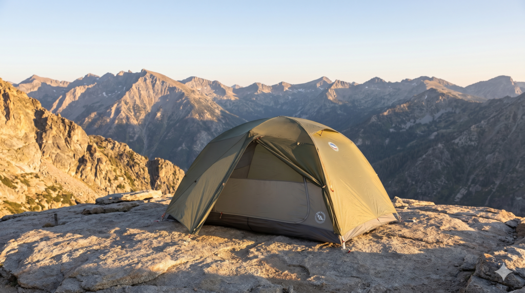 Best camping tent 2026 — Big Agnes Copper Spur HV UL pitched on alpine rocky ledge with mountain panorama