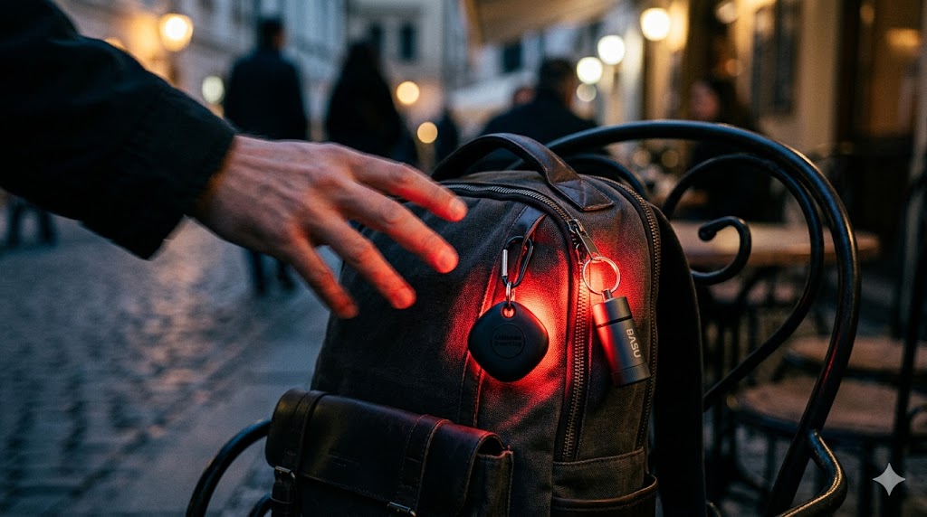 A high-tension, cinematic close-up of a blurred, shady hand reaching to grab a premium digital nomad backpack resting on a European café chair. Attached to the zipper is a high-tech Samsung SmartTag and a BASU pull-pin alarm, both glowing with a bright, intense red warning light. Motion blur on the hand, sharp focus on the glowing alarm. Dramatic urban lighting, thriller movie aesthetic, high contrast, 8k resolution.